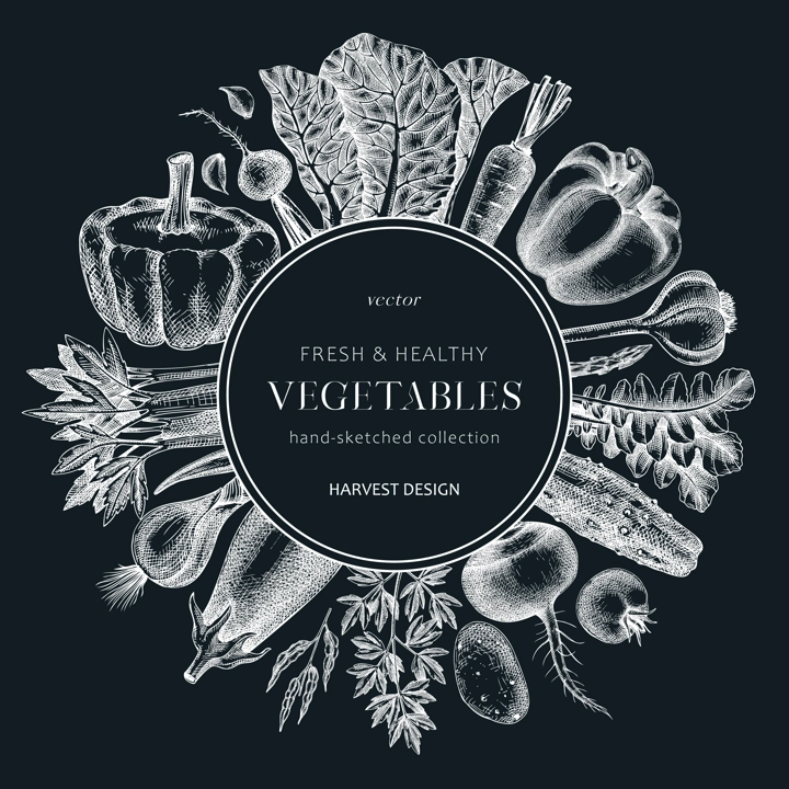 Hand-sketched Vegetable wreath on chalkboard. Hand-drawn tomatoes, squashes, peppers, potatoes, asparagus and other vegetables drawings. Healthy food background for menu, recipe, restaurant, packaging